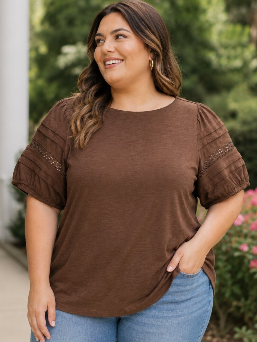 Lane Bryant Brown Crochet Sleeve Top NWT Women's 14/16